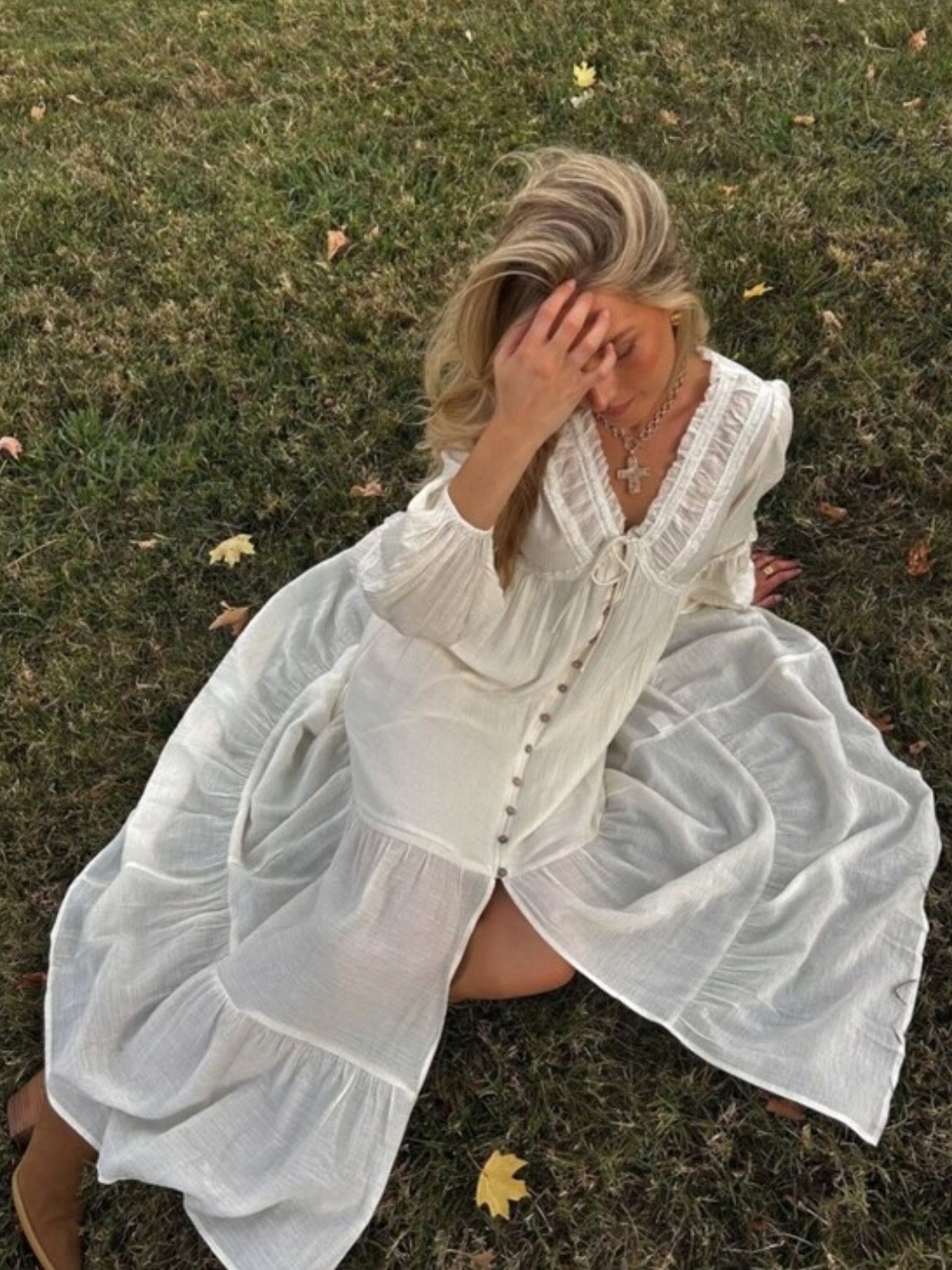 Three Bird Nest Promesa Desert SouI Ivory Cream Lace Button Front Maxi Dress